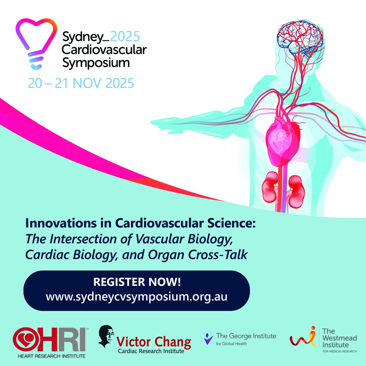 Heart Research Institute (@hriaust) on Twitter photo Save the date for this year's Sydney Cardiovascular Symposium! 🎉🔬❤️The event will be held on Nov 20-21 with the theme 'Innovations in Cardiovascular Science'. <a href="/HRIAust/">Heart Research Institute</a> <a href="/VictorChangInst/">Victor Chang Cardiac Research Institute</a> <a href="/georgeinstitute/">The George Institute for Global Health</a> <a href="/WestmeadInst/">The Westmead Institute for Medical Research</a> #SCVS25
Register NOW: bit.ly/453JjMo Save the date for this year's Sydney Cardiovascular Symposium! 🎉🔬❤️The event will be held on Nov 20-21 with the theme 'Innovations in Cardiovascular Science'. <a href="/HRIAust/">Heart Research Institute</a> <a href="/VictorChangInst/">Victor Chang Cardiac Research Institute</a> <a href="/georgeinstitute/">The George Institute for Global Health</a> <a href="/WestmeadInst/">The Westmead Institute for Medical Research</a> #SCVS25
Register NOW: bit.ly/453JjMo