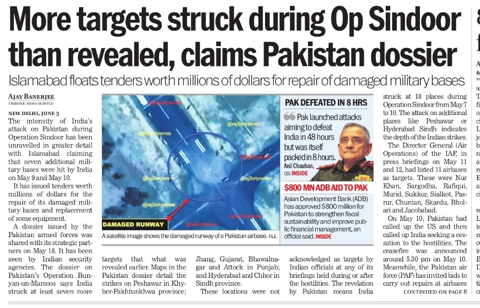 Pak has issued multiple tenders for repair of damaged airbases and replacement of key equipment.  This was the impact of <a href="/IAF_MCC/">Indian Air Force</a> strikes on 18 places on May 9 and 10. 
<a href="/thetribunechd/">The Tribune</a> <a href="/HQ_IDS_India/">HQ IDS</a>
#OperationSindoor
Link to full text 👇
tribuneindia.com/news/india/mor…