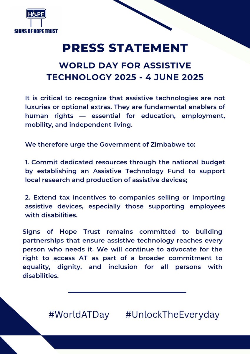 Signs of Hope Trust joins the world in commemorating #WorldATDay. We urge the Government to:
1. Establish  Assistive Technology Fund 
2. Extend tax incentives to companies selling or importing assistive devices
 #UnlockTheEveryday
<a href="/_ATscale/">ATscale</a> <a href="/liberaldiplomat/">Tadiwanashe Christian Marengo🇿🇼</a>
