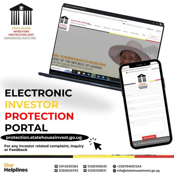 Abhay ZIRABA RUGOOSI KABUGA (@abhayziraba) on Twitter photo Are you a local or foreign investor in Uganda?
Do you have any investor-related complaints, inquries or feedback?
Use the <a href="/ShieldInvestors/">State House Investors Protection Unit</a>'s Electronic Investors Protection Portal to get all your necessary investment information:
protection.statehouseinvest.go.ug
#EmpoweringInvestors Are you a local or foreign investor in Uganda?
Do you have any investor-related complaints, inquries or feedback?
Use the <a href="/ShieldInvestors/">State House Investors Protection Unit</a>'s Electronic Investors Protection Portal to get all your necessary investment information:
protection.statehouseinvest.go.ug
#EmpoweringInvestors