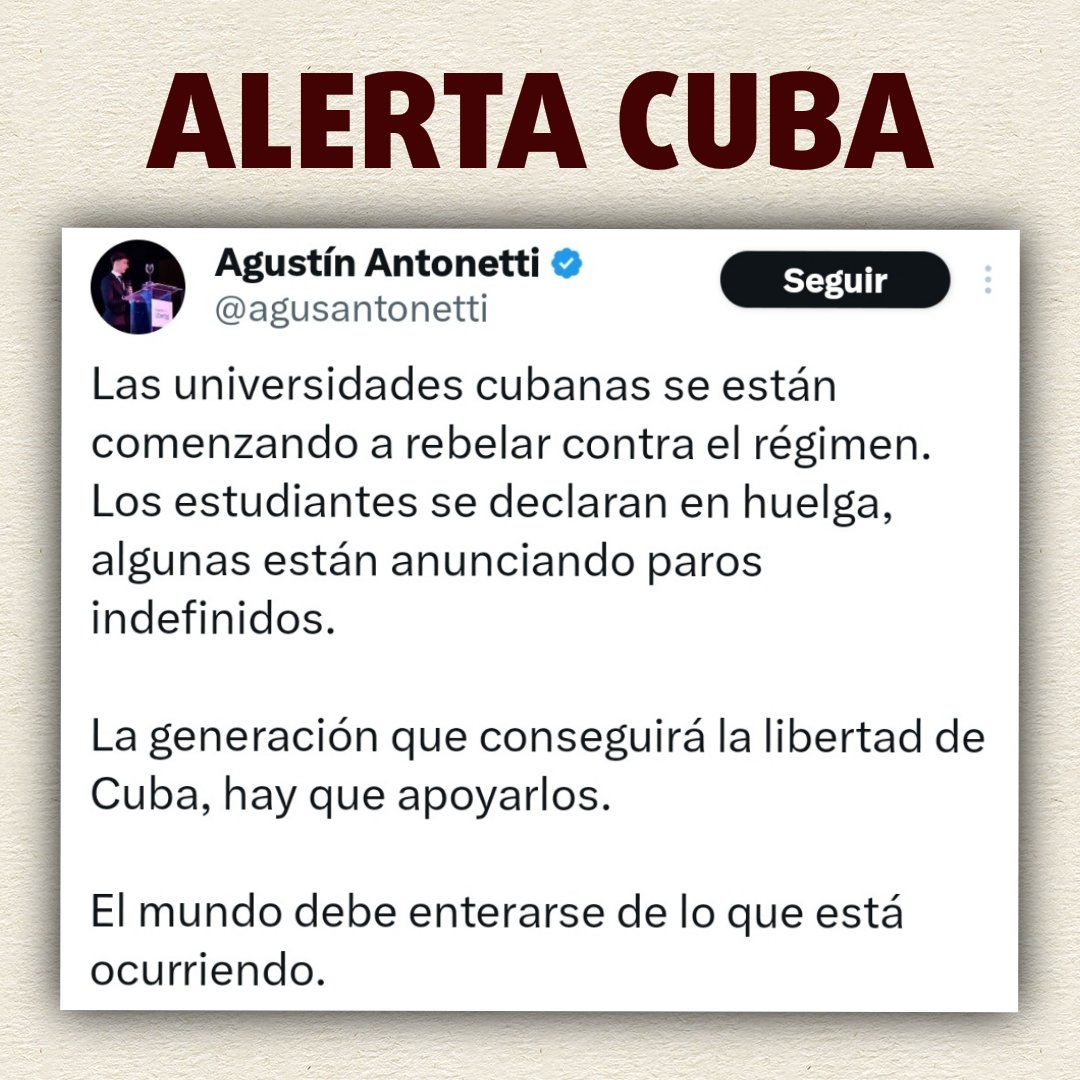 🇨🇺 ALERTA CUBA, ALERTA 🚨

Hay un principio de guerra de 4ta generación estableciéndose: están llamando desde afuera de Cuba a la rebelión estudiantil contra sus propias universidades. Esto está TOTALMENTE MANEJADO desde afuera 👇

⚠️ Agustín Antonetti es un vocero de la