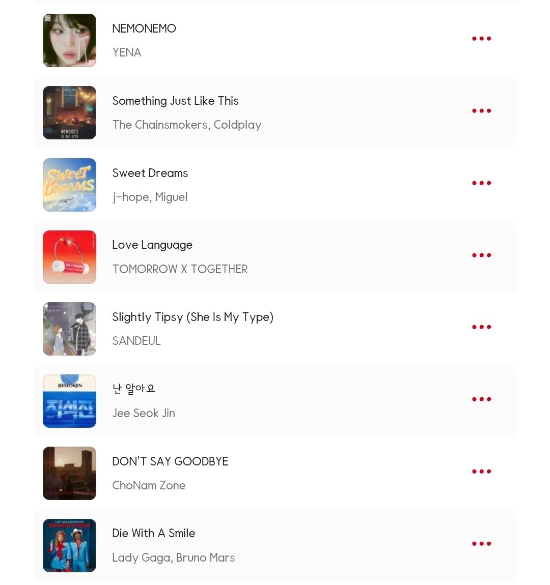 250604
진 플레이리스트 - &lt;진이 노래하는 울림의 순간들&gt;
(music.apple.com/us/playlist/%E…)
-
진의 참여로 진정성을 더한 가사가 돋보이는 7개의 트랙과 진의 마음에 울림을 주는 추천 곡들을 담은 플레이리스트
-
Jin - ECHO album
YENA (최예나) - 네모네모
The Chainsmokers, Coldplay - Something Just