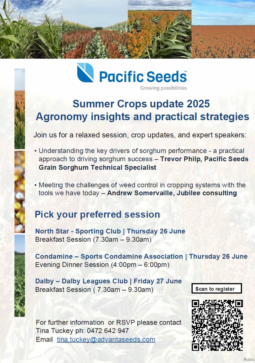 Event alert! We're hosting summer crop updates in North Star, Condamine and Dalby from 26-27 June. Check out the flyer below for full details or contact Territory Manager Tina Tuckey for more info.
Click link to RSVP to help with catering. surveymonkey.com/r/Summercropwo…