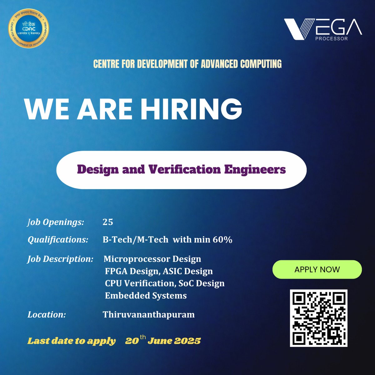 VEGA Processors (@vegaprocessor) on Twitter photo ๐ Weโre Hiring: Design & Verification Engineers!
Join our team to work on cutting-edge hardware development and contribute to next-gen silicon designs.
๐ฉ Apply at: lnkd.in/gHsK7yhy
Letโs build the future of semiconductors together.
<a href="/cdacindia/">C-DAC India</a> ๐ Weโre Hiring: Design & Verification Engineers!
Join our team to work on cutting-edge hardware development and contribute to next-gen silicon designs.
๐ฉ Apply at: lnkd.in/gHsK7yhy
Letโs build the future of semiconductors together.
<a href="/cdacindia/">C-DAC India</a>