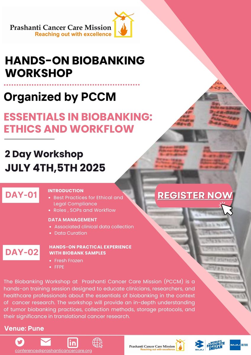 Prashanti Cancer Care Mission: Hands-on Biobanking Workshop! Essentials In Bio-Banking Ethics &amp; Workflow  Update! 
Register now: easebuzz.in/link/pccm-ctcr………………    
Dates: July 4th,5th  2025   
Venue: Prashanti Cancer Care Mission, Pune 
Last Date of Enrollment: 20th June 2025
