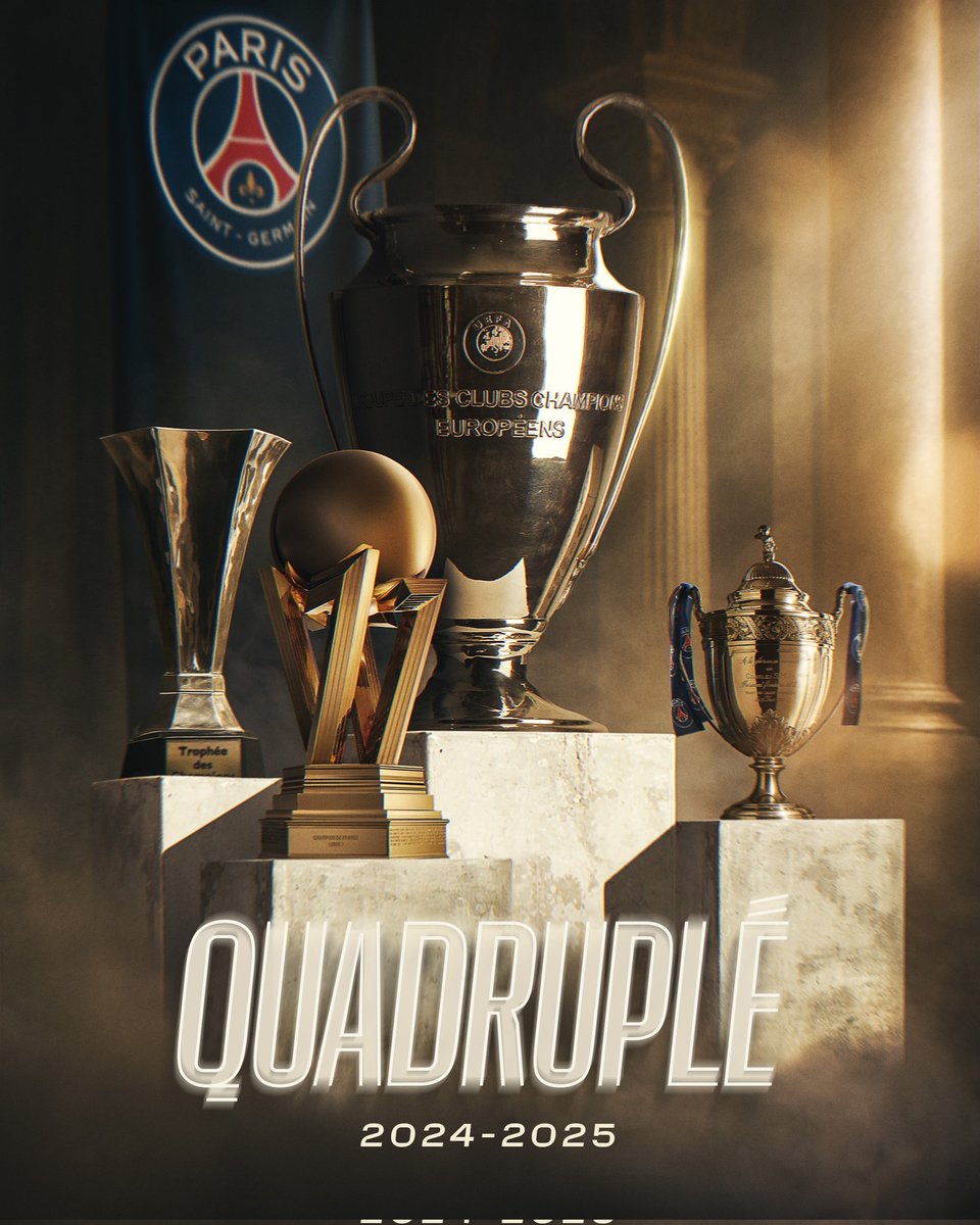 2024-2025 adalah musim bersejarah bagi Paris Saint-Germain.

🏆 - UEFA Champions League
🏆 - Ligue 1 McDonald's 
🏆 - Coupe de France
🏆 - Trophée des Champions

Quadruple! #WeAreParis