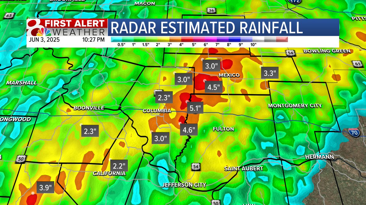 10:30PM Tuesday: Radar Estimated Rainfall Totals

Missouri Mesonet Stations confirm 3+" of rain at each of their locations including Capen Park, MU Campus, Jefferson Farm, Bradford Research and Extension Center, &amp; south farm. #MidMoWx #MoWx #MidMo