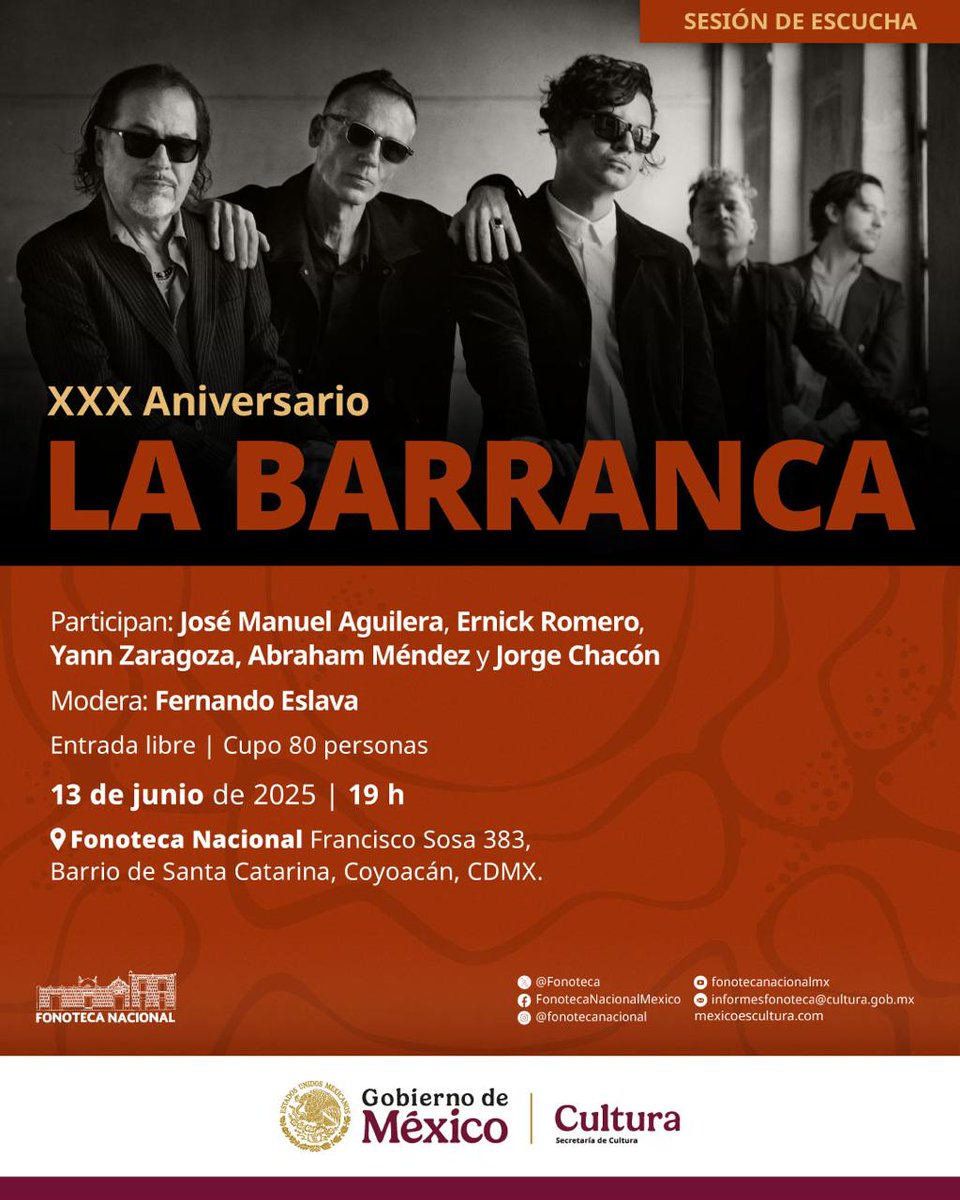LA BARRANCA EN LA FONOTECA NACIONAL DE MÉXICO
Los invitamos este 13 de junio a las 19 hrs a asistir a la sesión de escucha de LA BARRANCA con la presencia en vivo de sus integrantes.
cupo limitado a 80 personas ENTRADA LIBRE
#FonotecaNacional #LaBarranca