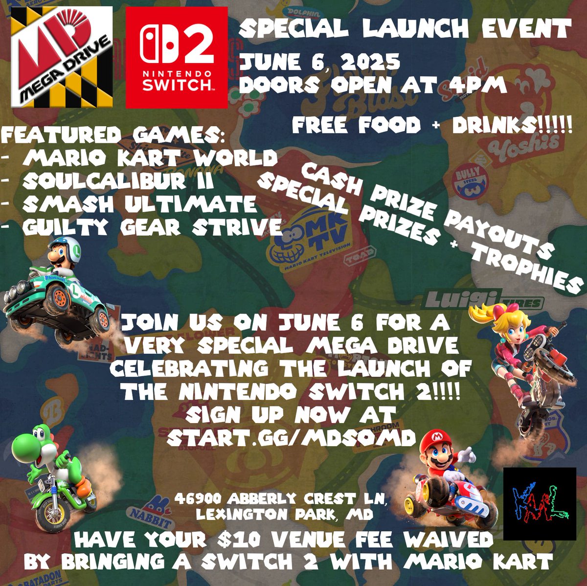 Mega Drive #222 with The Nintendo Switch 2 is in 3 days! Come join us on Friday for Mario Kart World, SoulCalibur II, Free Food &amp; Drinks, and more! Signups are live now at start.gg/MDSOMD/