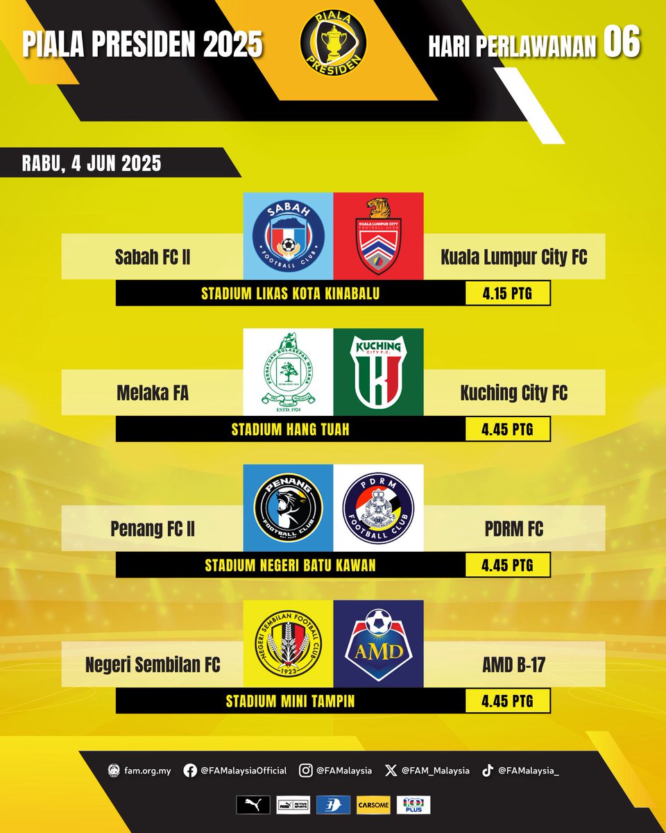 Hari Perlawanan 6 | Piala Presiden 2025

🗓️ Rabu, 4 Jun 2025
🕓 4.15 petang &amp; 4.45 petang

#FAM #HarimauMalaya #PialaPresiden2025