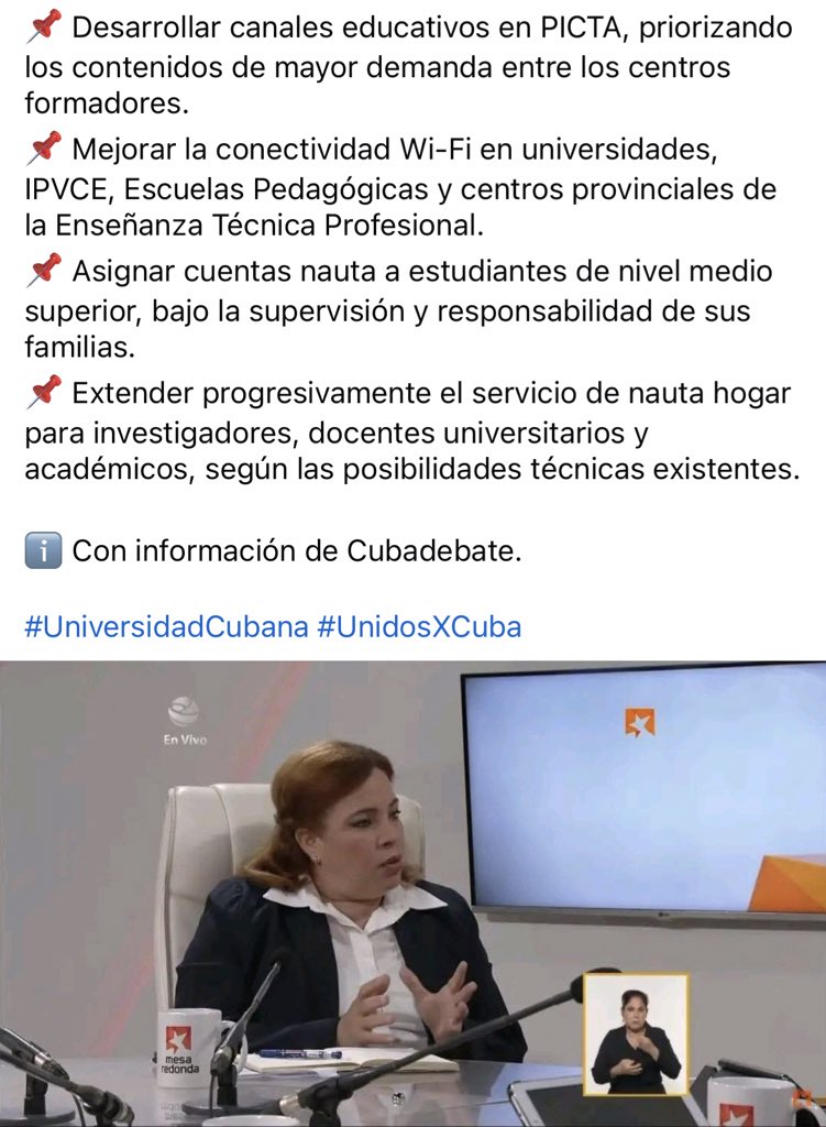 MES (@cubames) on Twitter photo 🇨🇺🗣 Medidas orientadas a mejorar el acceso a contenidos educativos en el escenario actual, anunciadas por <a href="/taniavel76/">Tania Velazquez</a>, presidenta ejecutiva de <a href="/ETECSA_Cuba/">ETECSA</a>.
ℹ️: <a href="/cubadebatecu/">Cubadebate</a> 🇨🇺🗣 Medidas orientadas a mejorar el acceso a contenidos educativos en el escenario actual, anunciadas por <a href="/taniavel76/">Tania Velazquez</a>, presidenta ejecutiva de <a href="/ETECSA_Cuba/">ETECSA</a>.
ℹ️: <a href="/cubadebatecu/">Cubadebate</a>