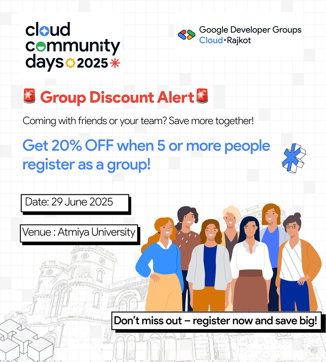 GDGCloudRajkot's tweet image. 📢 𝗚𝗿𝗼𝘂𝗽 𝗱𝗶𝘀𝗰𝗼𝘂𝗻𝘁 𝗶𝘀 𝗟𝗜𝗩𝗘 𝗳𝗼𝗿 #𝗖𝗖𝗗𝟮𝟬𝟮𝟱!

📍 Rajkot
📅 June 29, 2025
🎟️ 𝟮𝟬% 𝗢𝗙𝗙 𝗳𝗼𝗿 𝟱+ 𝗽𝗲𝗼𝗽𝗹𝗲 𝗿𝗲𝗴𝗶𝘀𝘁𝗲𝗿𝗶𝗻𝗴 𝘁𝗼𝗴𝗲𝘁𝗵𝗲𝗿!
allevents.in/rajkot/cloud-c…

#DevCommunity #CloudEvents #GCP #GoogleCloud #CareerInTech #GroupOffer