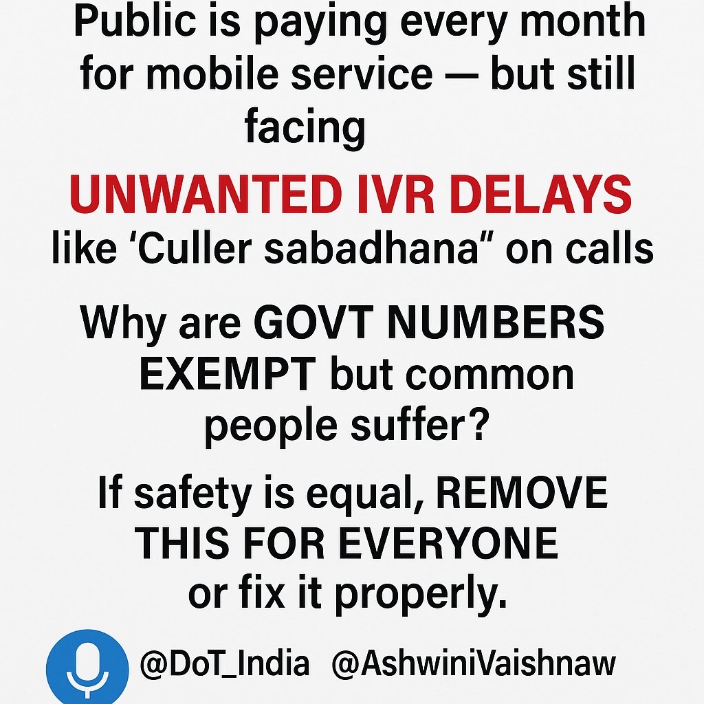 Rasmi_warrior's tweet photo. Public is paying every month for mobile service — but still facing unwanted IVR delays like “Culler sabadhana” on calls.

Why are govt numbers exempt but common people suffer?

If safety is equal, remove this for everyone or fix it properly.

@DoT_India @AshwiniVaishnaw
#StopIVR https://t.co/AS4tw6WwSp