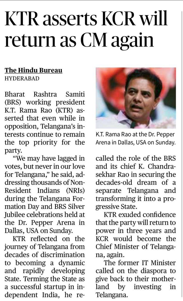 Even though we are in opposition, Telangana’s interests continue to remain the top priority for BRS. 

We will be back to power in three years and KCR will be the Chief Minister of Telangana once again. 

- BRS Working President <a href="/KTRBRS/">KTR</a>