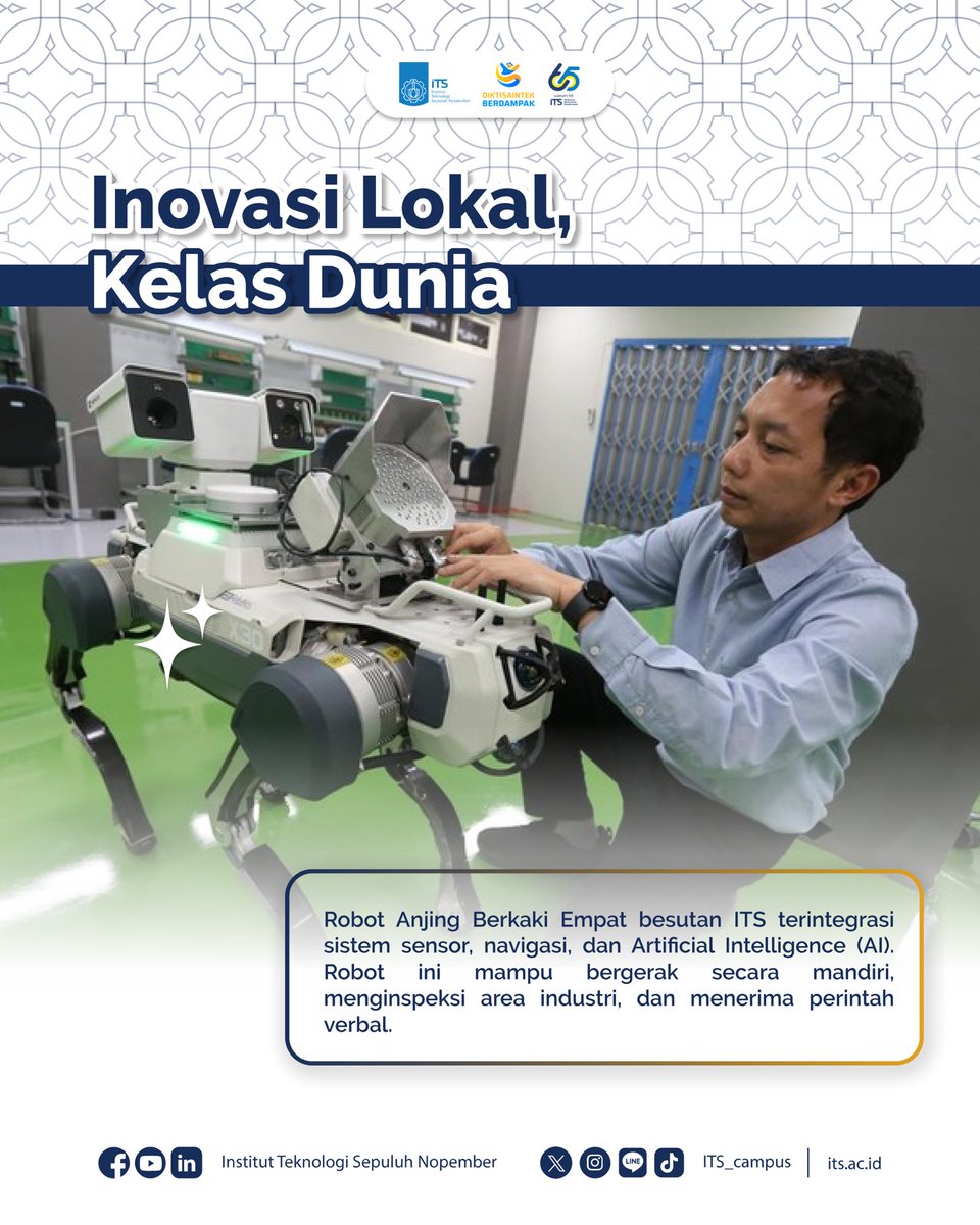its_campus's tweet image. #ITSFun
Halo, Sobat Kampus!

Tau nggak sih kalau ITS juga punya robot anjing buatan sendiri yang bisa patroli, ngobrol, bahkan bantu cari korban bencana?