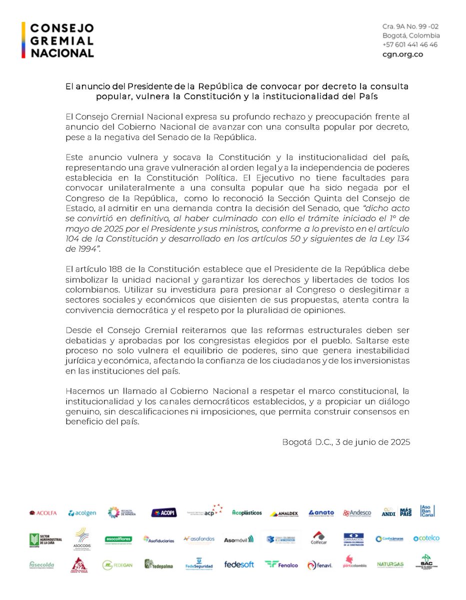 Consejo Gremial (@consejogremial) on Twitter photo El anuncio del Presidente de la República de convocar por decreto la consulta popular, vulnera la Constitución y la institucionalidad del País. <a href="/infopresidencia/">Presidencia Colombia 🇨🇴</a> <a href="/SenadoGovCo/">Senado de la República 🇨🇴</a> El anuncio del Presidente de la República de convocar por decreto la consulta popular, vulnera la Constitución y la institucionalidad del País. <a href="/infopresidencia/">Presidencia Colombia 🇨🇴</a> <a href="/SenadoGovCo/">Senado de la República 🇨🇴</a>
