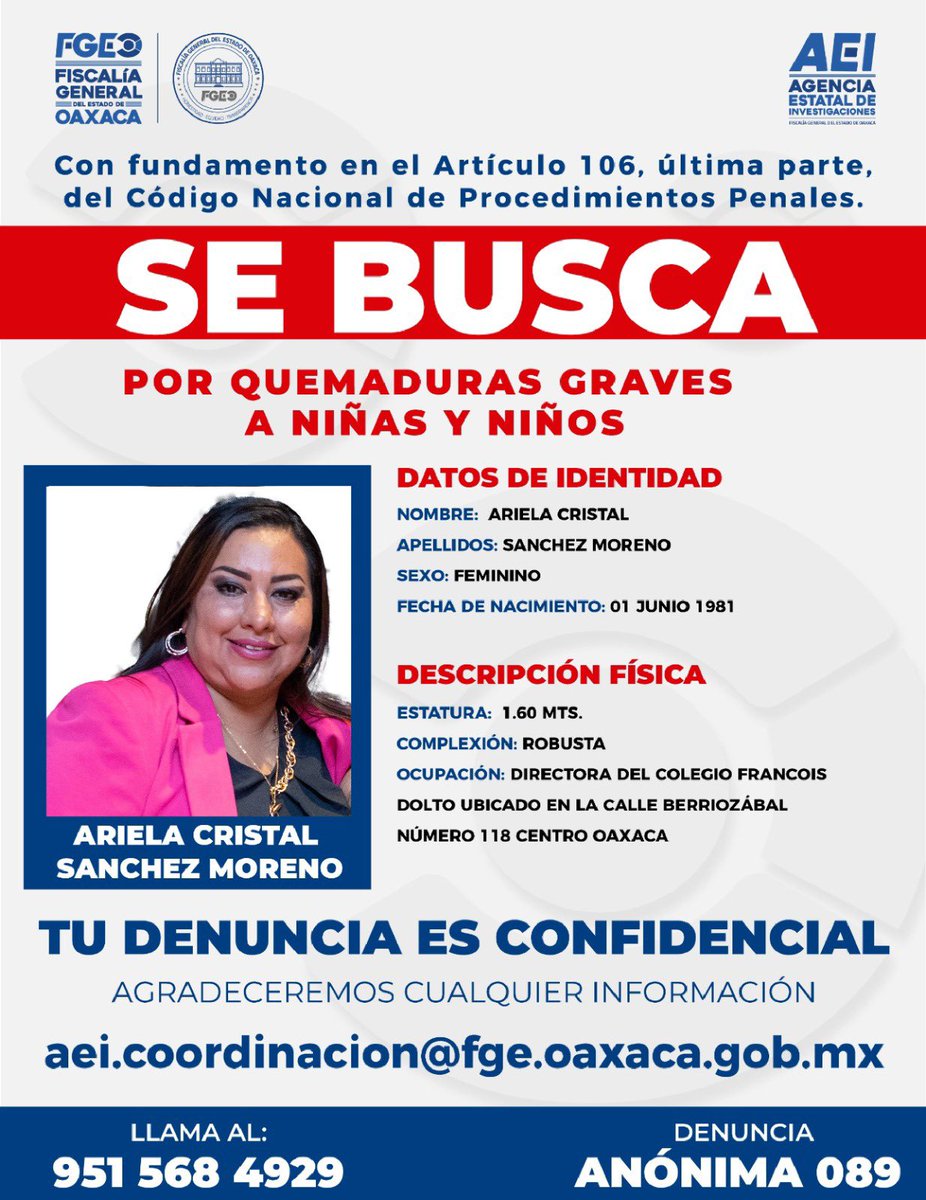 ysosaa's tweet photo. La @FISCALIA_GobOax emite fichas de búsqueda para dar con los responsables de las quemaduras de al menos ocho niñas y niños, por el mal manejo de una fogata en el Colegio Francoise Dolto #Oaxaca. https://t.co/qGwRX347xP