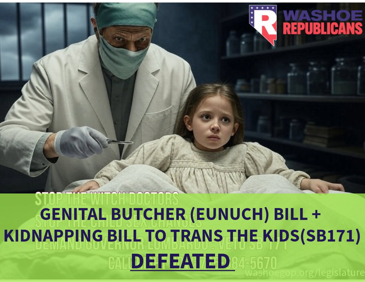 Washoe County Republican Party (@realwashoegop) on Twitter photo VICTORY FOR NEVADA’S KIDS!
Governor <a href="/JosephMLombardo/">Governor Joe Lombardo</a> just vetoed SB171, stopping the dangerous push to turn our children into eunuchs through so-called “gender-affirming care.” This bill would’ve allowed irreversible surgeries and sterilization for kids who aren’t even old VICTORY FOR NEVADA’S KIDS!
Governor <a href="/JosephMLombardo/">Governor Joe Lombardo</a> just vetoed SB171, stopping the dangerous push to turn our children into eunuchs through so-called “gender-affirming care.” This bill would’ve allowed irreversible surgeries and sterilization for kids who aren’t even old