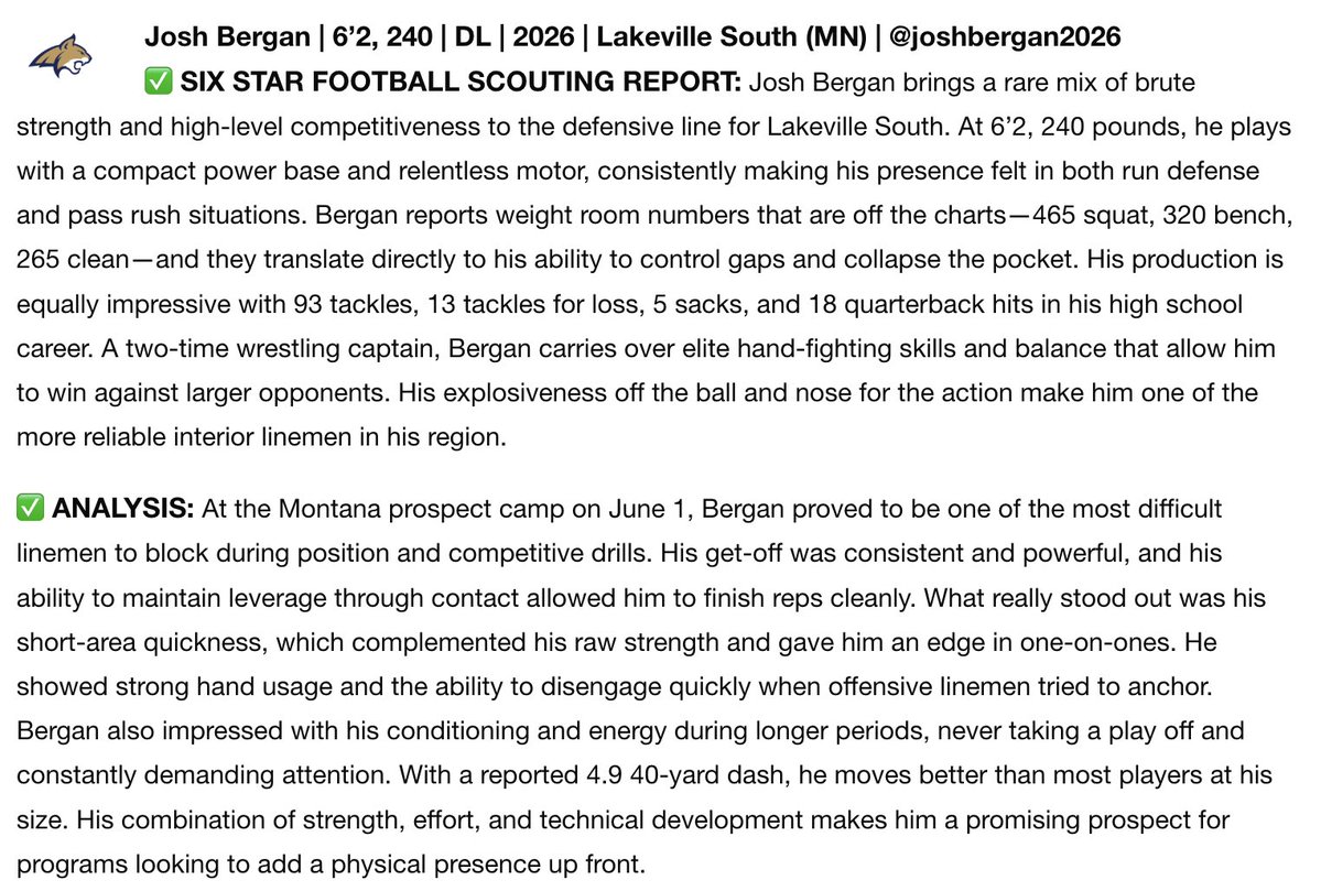 #51 Josh Bergan (2026) (@joshbergan2026) on Twitter photo Thanks <a href="/sixstarfootball/">Six Star Football | PLUS+</a> for the write up <a href="/BlueGoldcamps/">Montana State Blue & Gold Football Camps</a> on June 1.
sixstarfootball.com/article/event-…
<a href="/PrepRedzoneMN/">Prep Redzone Minnesota</a> <a href="/MNFBSpotlight/">MNFootballSpotlight</a>
<a href="/PrepRedzone/">Prep Redzone 🏈</a> <a href="/OJW_Scouting/">PrepRedzone Oliver</a> @exporecruits <a href="/mwfbrecruiting/">Midwest Football Recruiting</a> Thanks <a href="/sixstarfootball/">Six Star Football | PLUS+</a> for the write up <a href="/BlueGoldcamps/">Montana State Blue & Gold Football Camps</a> on June 1.
sixstarfootball.com/article/event-…
<a href="/PrepRedzoneMN/">Prep Redzone Minnesota</a> <a href="/MNFBSpotlight/">MNFootballSpotlight</a>
<a href="/PrepRedzone/">Prep Redzone 🏈</a> <a href="/OJW_Scouting/">PrepRedzone Oliver</a> @exporecruits <a href="/mwfbrecruiting/">Midwest Football Recruiting</a>