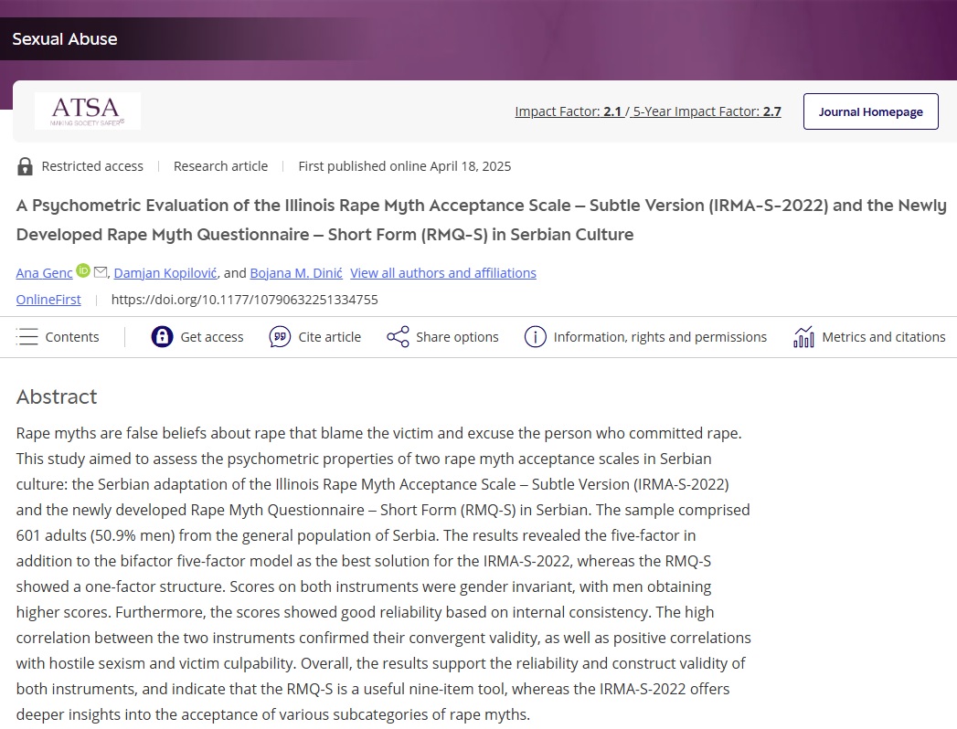 Bojana Dinić (@b_dinic) on Twitter photo 🚨 New publication in <a href="/Sexual_Abuse_J/">@Sexual_Abuse_J</a>
We explored psychometric properties of two instruments for measuring rape myth acceptance
📊 IRMA-S-2022 for deeper insights into the subcategories of rape myths
📊 newly developed brief 9-item RMQ-S
📖 doi.org/10.1177/107906… 🚨 New publication in <a href="/Sexual_Abuse_J/">@Sexual_Abuse_J</a>
We explored psychometric properties of two instruments for measuring rape myth acceptance
📊 IRMA-S-2022 for deeper insights into the subcategories of rape myths
📊 newly developed brief 9-item RMQ-S
📖 doi.org/10.1177/107906…
