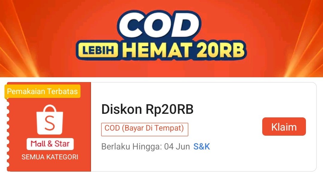 Jangan lupa klaim dulu‼️

Diskon Rp20.000
Minimal pembelian Rp50.000
⏰ Jam 12:00
📌 Khusus pembayaran COD

Vouchernya sudah bisa diklaim:
s.shopee.co.id/Laz4VdSnw