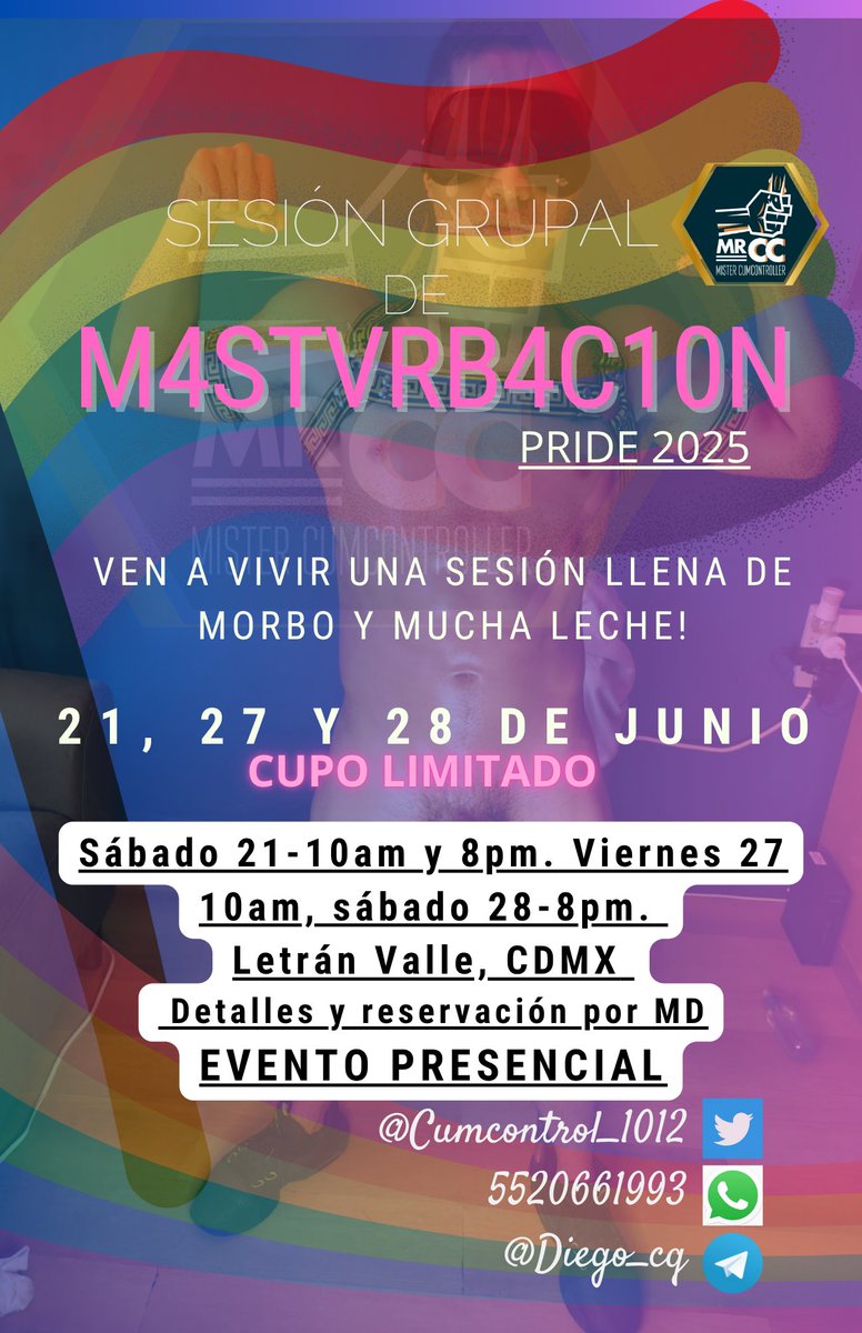 PRIDE 2025 ‼️

Ya está cerca el #DíaDelOrgulloGay así que espero verlos en alguno de los eventos de esas fechas... 

No lo pienses más y anímate a repetir o a asistir por primera vez 😈

🔸Sábado 21 de junio: 10am y 8pm
🔸Viernes 27 de junio: 10am 
🔸Sábado 28 de junio: 8pm

CUPO