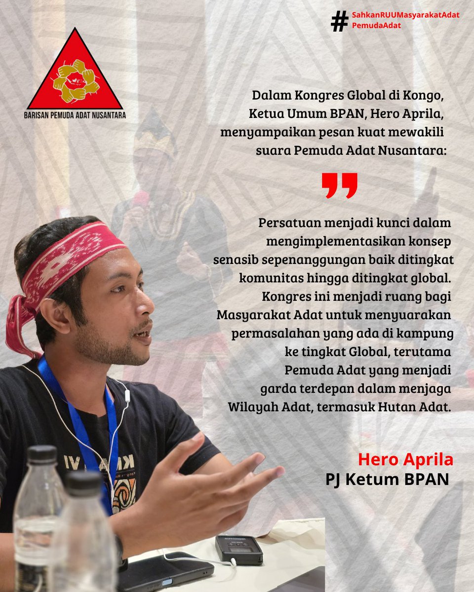Kongres Global Pertama Masyarakat Adat dan Komunitas Lokal diselenggarakan di Brazzaville, Kongo pada 26–30 Mei 2025.
#PemudaAdat
#MasyarakatAdat
#SahkanRUUMasyarakatAdat
#Indigenouspeoples