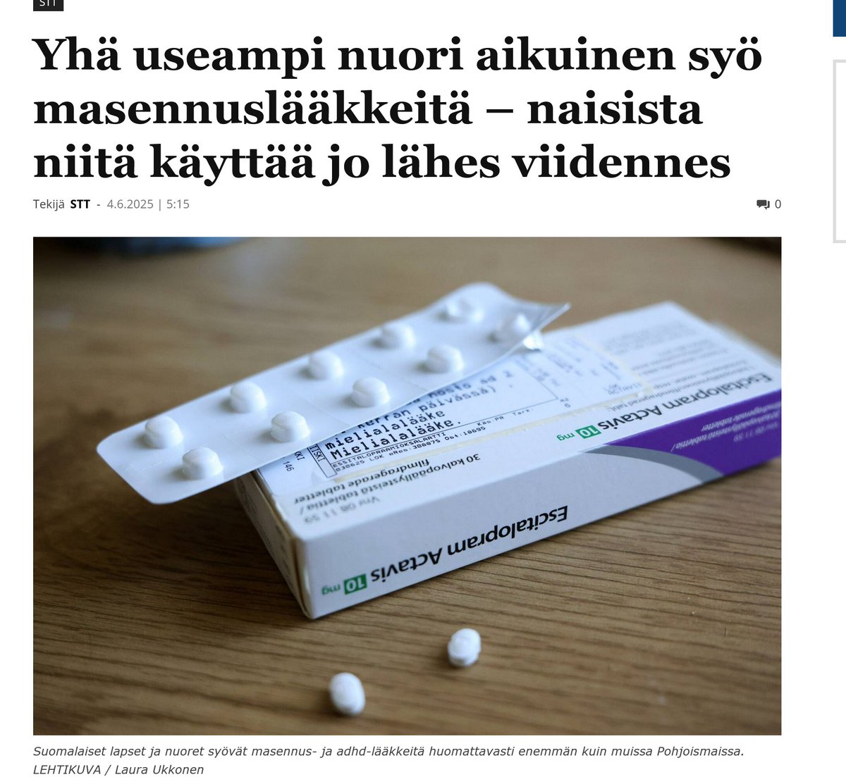 Masennuslääkkeiden käytön nopea kasvu ei oikein sovi yhteen sen kanssa, että Suomen väitetään olevan "jo kahdeksatta vuotta perättäin maailman onnellisin maa". Ei sovi järkeen, että EU-Suomi olisi maanpäällinen onnela samaan aikaan kun työttömyys, köyhyys ja muut sosiaaliset