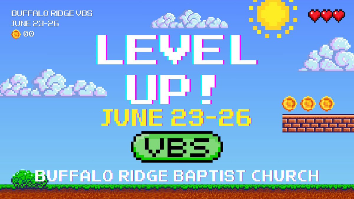 Get ready to power up for the best week of summer! LEVEL UP VBS is packed with games, giveaways, team competitions, snacks, and exciting Bible lessons that will help kids grow in faith while having a blast.

Grab your friends, bring your energy, and come ready to LEVEL UP! 🕹️🔥