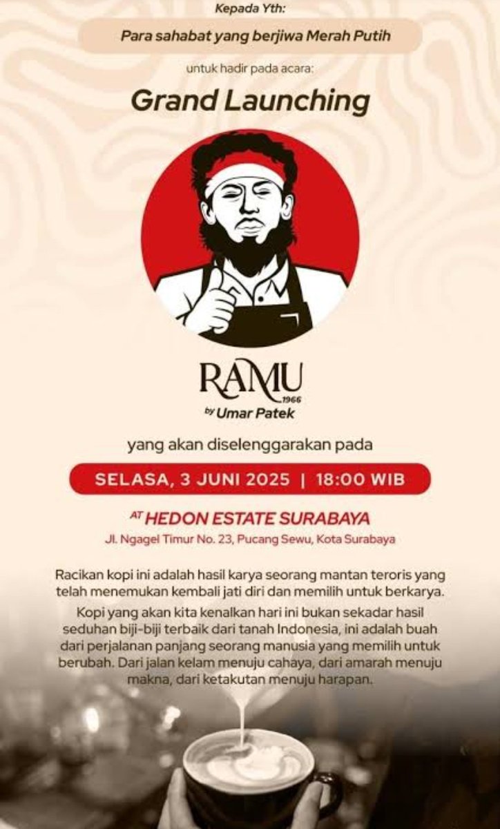 Ů‹ (@ahlulqohwah) on Twitter photo <a href="/kangwaqfi2/">kang waqfi</a> <a href="/BawonoRobert/">www.Robert Suryo Bawono.com .org .tv .io .gov .edu</a> <a href="/nusantara1928/">lukman_NUsantara</a> Pahit kopinya, kini mencoba mengobati luka yang mungkin tak akan pernah sembuh.
Kopi hitam menjadi jalan transformasi atau perubahan radikal dari terorisme-radikalisme menjadi humanisme.
<a href="/penguasahati/">Judith</a>
<a href="/koko_dhoni/">Dhoni Hermoko</a>
<a href="/WidyoLita/">Lita Widyo</a> <a href="/kangwaqfi2/">kang waqfi</a> <a href="/BawonoRobert/">www.Robert Suryo Bawono.com .org .tv .io .gov .edu</a> <a href="/nusantara1928/">lukman_NUsantara</a> Pahit kopinya, kini mencoba mengobati luka yang mungkin tak akan pernah sembuh.
Kopi hitam menjadi jalan transformasi atau perubahan radikal dari terorisme-radikalisme menjadi humanisme.
<a href="/penguasahati/">Judith</a>
<a href="/koko_dhoni/">Dhoni Hermoko</a>
<a href="/WidyoLita/">Lita Widyo</a>