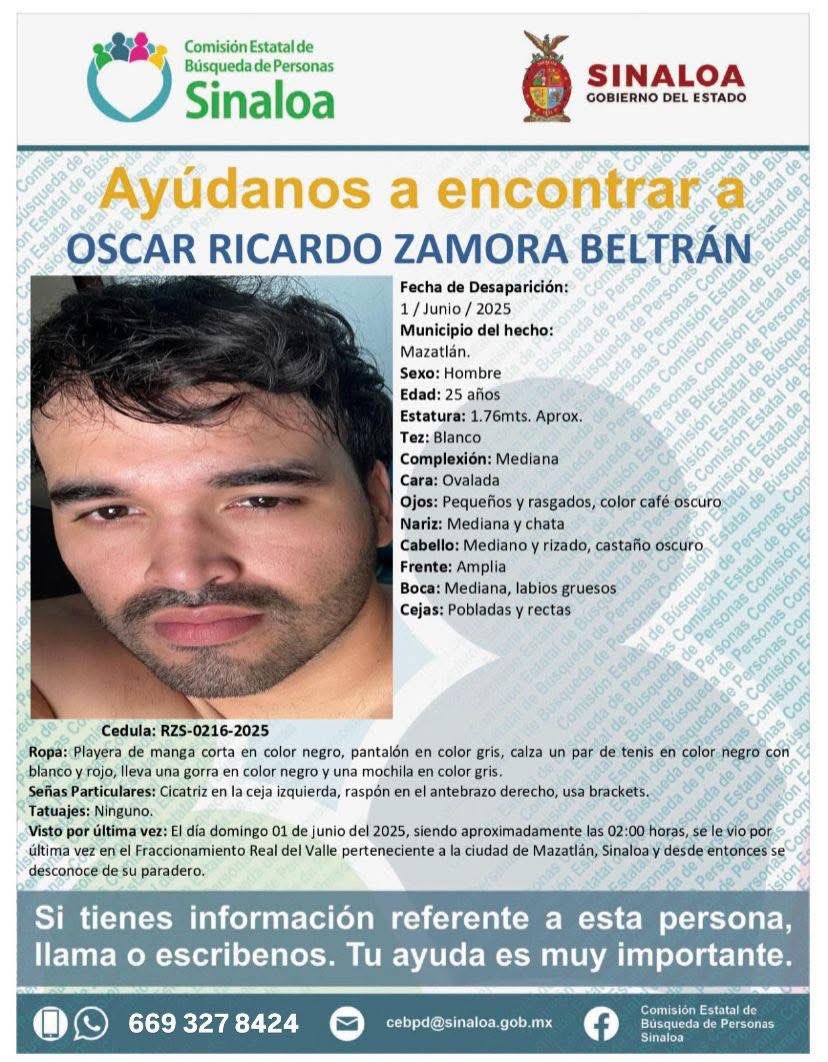 Se busca a Óscar Ricardo Zamora Beltrán. Fue desaparecido en Mazatlán, Sinaloa.

#HastaEncontrarles