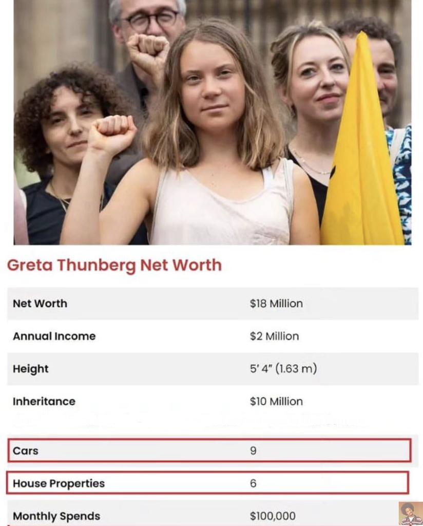 La joven activista del clima, que ahora también apoya las causas #Woke, posee una fortuna de 18 millones de dólares, 9 autos y 6 propiedades. ¡Vaya contradicción con el discurso progresista!