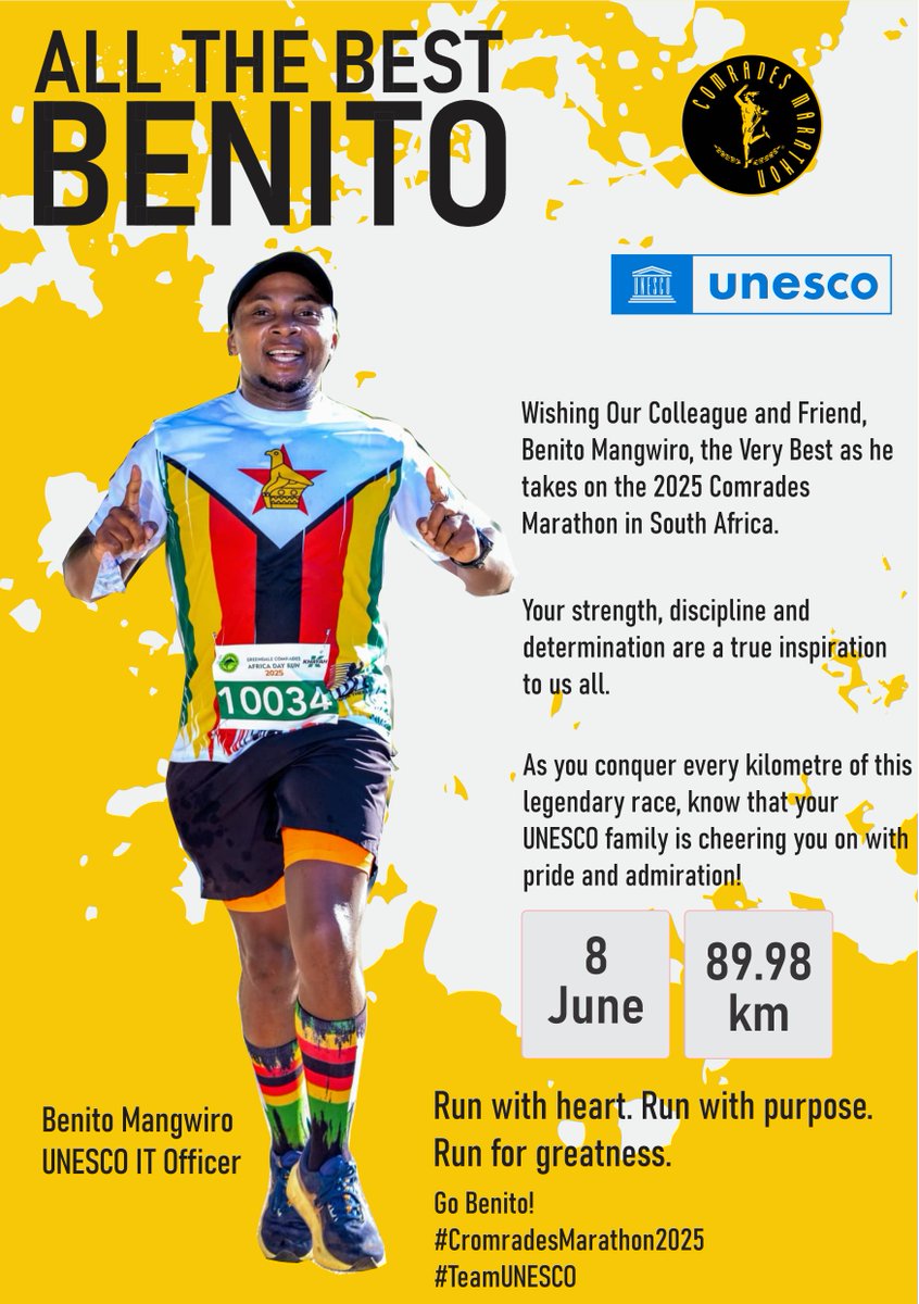 UNESCOsouthernAfrica #Education #Sciences #Culture (@unescorosa) on Twitter photo All the best to #Benito #Mangwiro, <a href="/UNESCO/">UNESCO ๐๏ธ #Education #Sciences #Culture ๐บ๐ณ</a>'s IT Officer, as he tackles the iconic #ComradesMarathon on 8 June! ๐ฟ๐ผ
๐โโ๏ธ Could he be the next Comrade winner? Let's go, Benito! ๐ฅ๐ช
#RunBenitoRun #UNESCO #Comrades2025 All the best to #Benito #Mangwiro, <a href="/UNESCO/">UNESCO ๐๏ธ #Education #Sciences #Culture ๐บ๐ณ</a>'s IT Officer, as he tackles the iconic #ComradesMarathon on 8 June! ๐ฟ๐ผ
๐โโ๏ธ Could he be the next Comrade winner? Let's go, Benito! ๐ฅ๐ช
#RunBenitoRun #UNESCO #Comrades2025