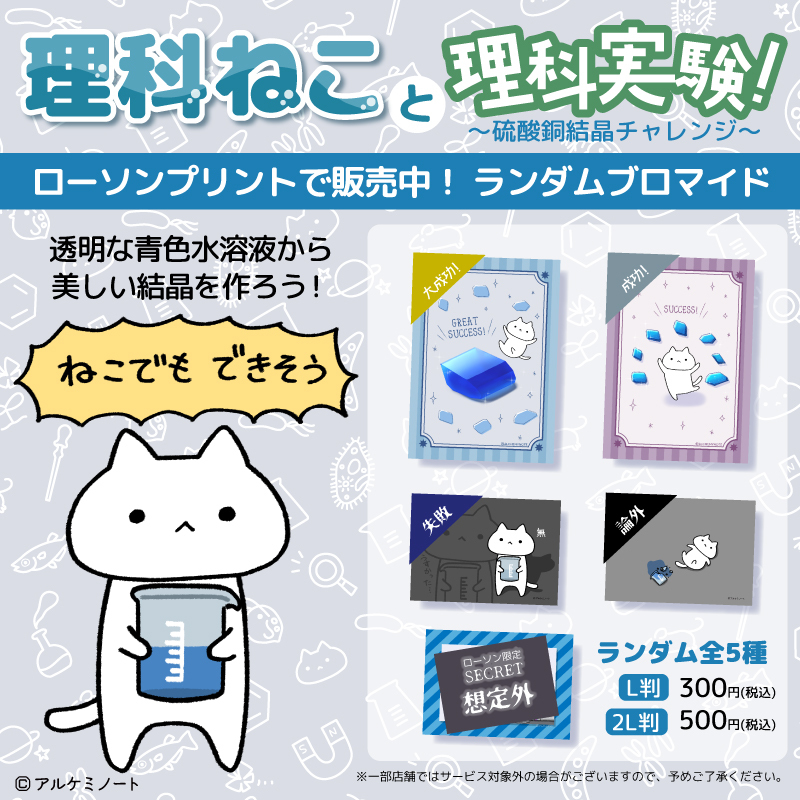 ローソンマルチコピー機 (@lawsonmulticopy) on Twitter photo 理科×ねこ作品を手掛ける『アルケミノート(<a href="/Sn50T/">アルケミノート@6/7博物マニアNo.92🌟【委託】ねこ休み展</a>)』のオリジナルブロマイドを「#ローソンプリント」で販売開始!ランダム全5種、理科ねこによる硫酸銅結晶チャレンジの結果は…!?ぜひお買い求め下さい♪
詳しくは→bit.ly/3HiCyMJ
#ローソン #アルケミノート #理科ねこ 理科×ねこ作品を手掛ける『アルケミノート(<a href="/Sn50T/">アルケミノート@6/7博物マニアNo.92🌟【委託】ねこ休み展</a>)』のオリジナルブロマイドを「#ローソンプリント」で販売開始!ランダム全5種、理科ねこによる硫酸銅結晶チャレンジの結果は…!?ぜひお買い求め下さい♪
詳しくは→bit.ly/3HiCyMJ
#ローソン #アルケミノート #理科ねこ