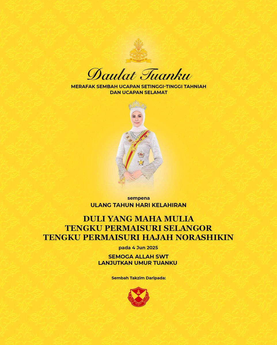 Selangor FC (@selangorfc) on Twitter photo ππππππ ππππππ π
Merafak sembah setinggi-tinggi ucapan tahniah dan selamat sempena Ulang Tahun Kelahiran Yang Ke-54 DYMM Tengku Permaisuri Selangor Tengku Permaisuri Hajah Norashikin.
Kami seluruh warga Selangor FC, menjunjung kasih dan mendoakan semoga Allah SWT ππππππ ππππππ π
Merafak sembah setinggi-tinggi ucapan tahniah dan selamat sempena Ulang Tahun Kelahiran Yang Ke-54 DYMM Tengku Permaisuri Selangor Tengku Permaisuri Hajah Norashikin.
Kami seluruh warga Selangor FC, menjunjung kasih dan mendoakan semoga Allah SWT