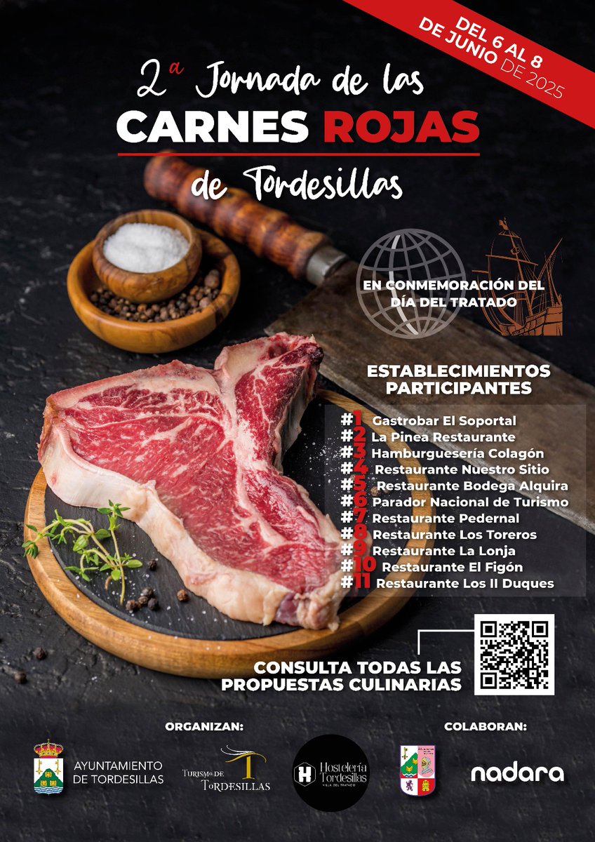 Del 6 al 8 de junio celebramos la 2ª Jornada de las Carnes Rojas de Tordesillas.

Una cita para saborear el talento de nuestra hostelería y poner en valor el potencial gastronómico del municipio.

¡Os animo a disfrutarlo! 🍽️🔥

#Tordesillas #CarnesRojas #DíaDelTratado