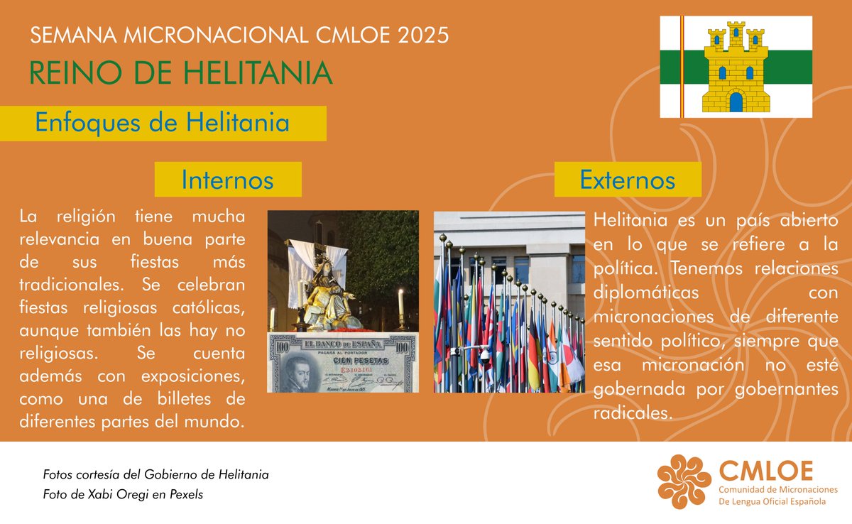 Helitania hace sus fiestas con gran celebración, enfocando su actividad interna en ellas; al exterior, está abierta a relaciones diplomáticas con toda nación de ideología no radical.