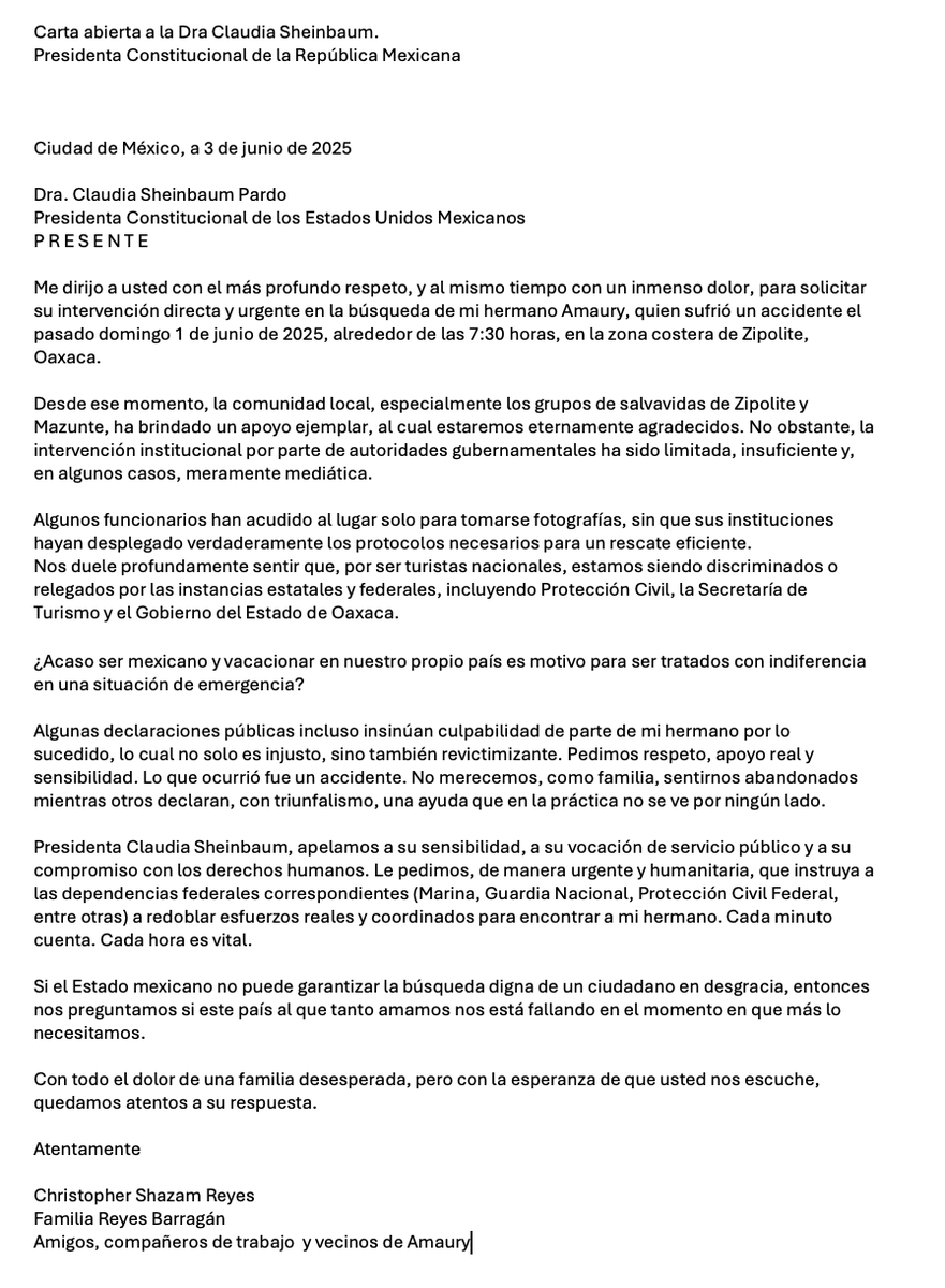 watherloo's tweet photo. Comparto carta del hermano de Amaury Yasser Reyes quien desaparecio el domingo primero de Junio en Zipolite Oaxaca
@Claudiashein
@GobOax
@El_Universal_Mx
@Televisa
@AztecaNoticias
@Radio_Formula
@nvinoticiasoax
@AhoraOaxacaa
@CentroNoticiasO @salomonjaracruz https://t.co/6m05ZYSLFE