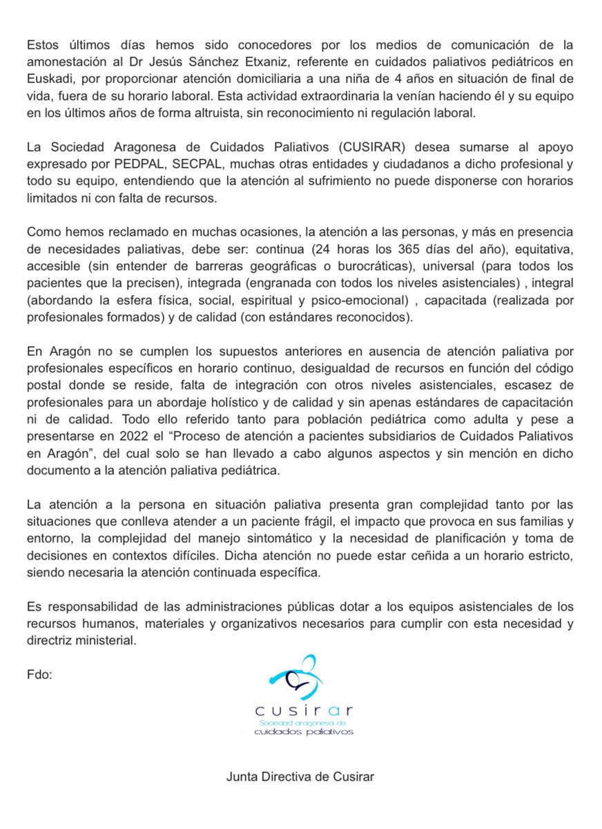 ¿La necesidad paliativa entiende de horarios? 

La atención a la persona en situación paliativa presenta gran complejidad. Dicha atención no puede estar ceñida a un horario estricto, siendo necesaria la atención continuada específica.

Carta de apoyo a Dr. Jesús Sánchez.