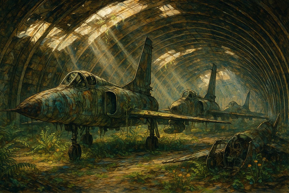 vu2lid's tweet image. Sunlight found its way through the broken roof, casting halos on the forgotten fighters of another era.
Painterly grunge realism, textured shading, atmospheric decay. #AIArt #MemoryField