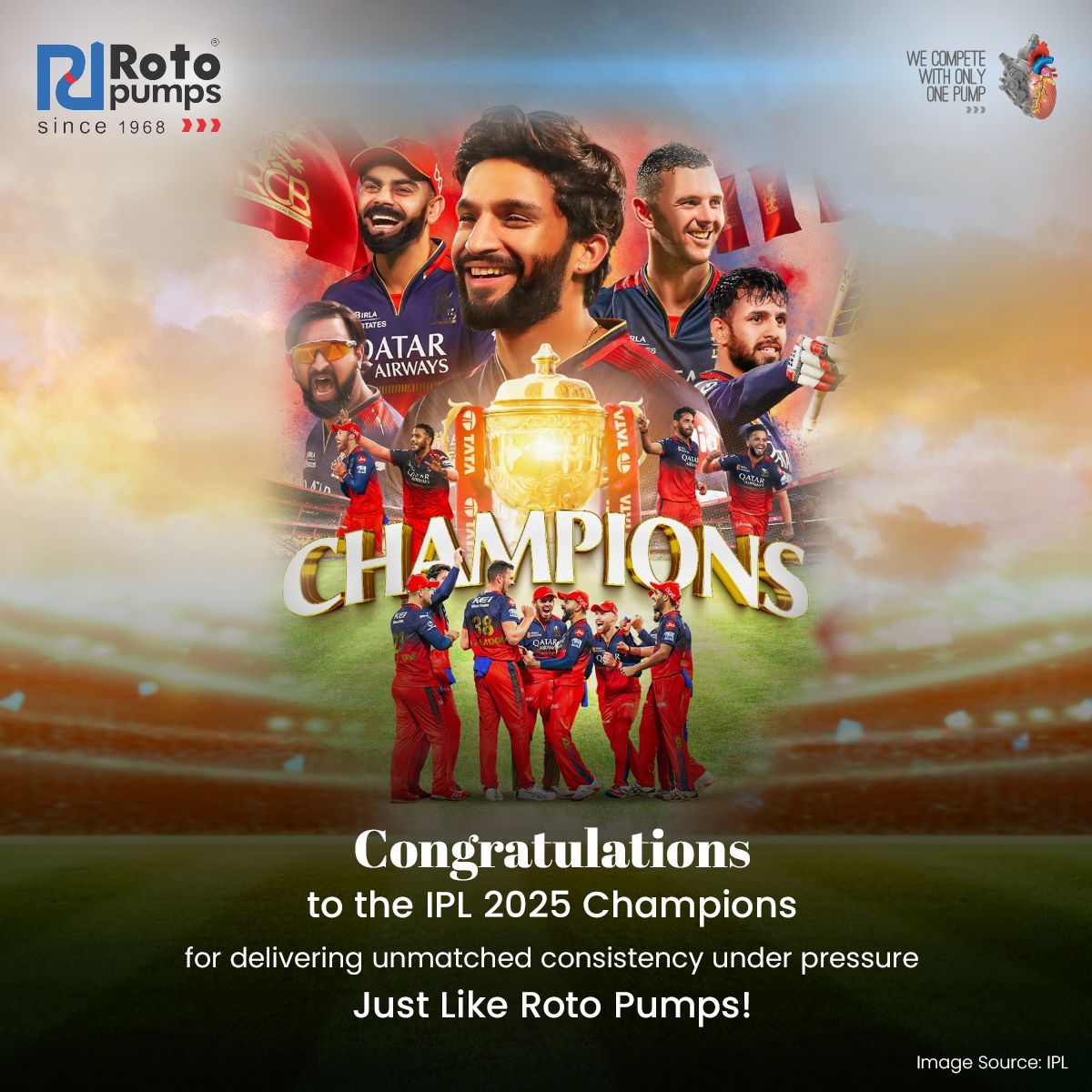 🏏Congratulations to Royal Challengers Bangalore (RCB) on their historic IPL 2025 victory! 🎉
 It’s a powerful reminder that 'Persistence leads to Performance'—a spirit we truly resonate with at Roto Pumps.

#RCBVictory #IPL2025 #IPLChampion #ViratKohli #RCBTeam  #TATAIPL #IPL