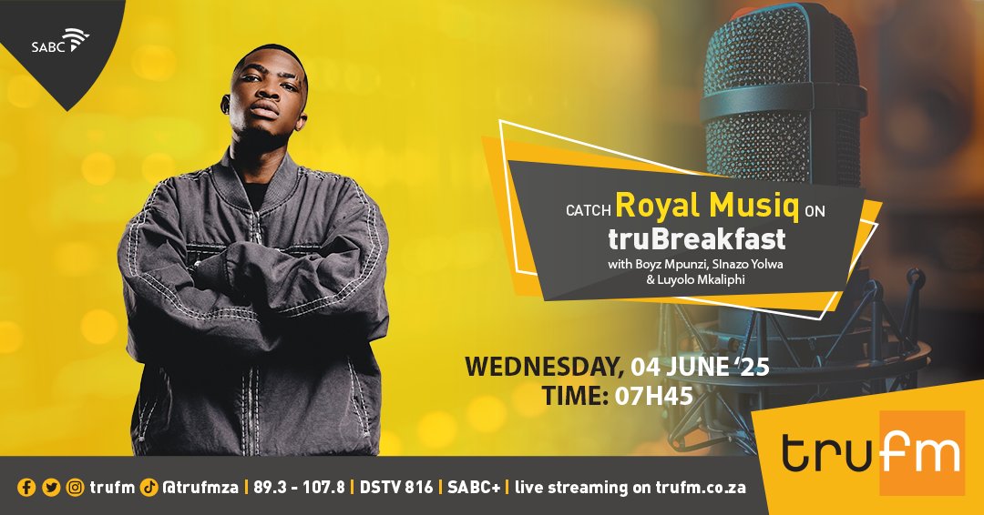 trufm (@trufm) on Twitter photo Catch <a href="/real_royalmusiq/">Royal Musiq</a> at 7:45 on #truBreakfast with <a href="/BoyzMpunzi/">Radio Guy</a>, <a href="/SinazoYolwa/">πππππ π«πππΎππππ</a> and <a href="/mkalipi_luyolo/">Luyolo Mkalipi</a>.
#LineNoOneElse #YouthMonth #Amapiano Catch <a href="/real_royalmusiq/">Royal Musiq</a> at 7:45 on #truBreakfast with <a href="/BoyzMpunzi/">Radio Guy</a>, <a href="/SinazoYolwa/">πππππ π«πππΎππππ</a> and <a href="/mkalipi_luyolo/">Luyolo Mkalipi</a>.
#LineNoOneElse #YouthMonth #Amapiano