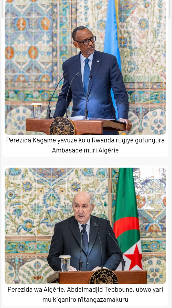 U Rwanda rugiye gufungura Ambasade muri Algérie.

 3-06-2025 - saa 23:26, 

Perezida Kagame yatangaje ko u Rwanda rugiye gufungura Ambasade nshya muri Algérie, mu rwego rwo kurushaho guteza imbere umubano uri hagati y’ibihugu byombi.
#cc @igihe
Ese utanze like waba iki 🎊 🎊 🇷🇼