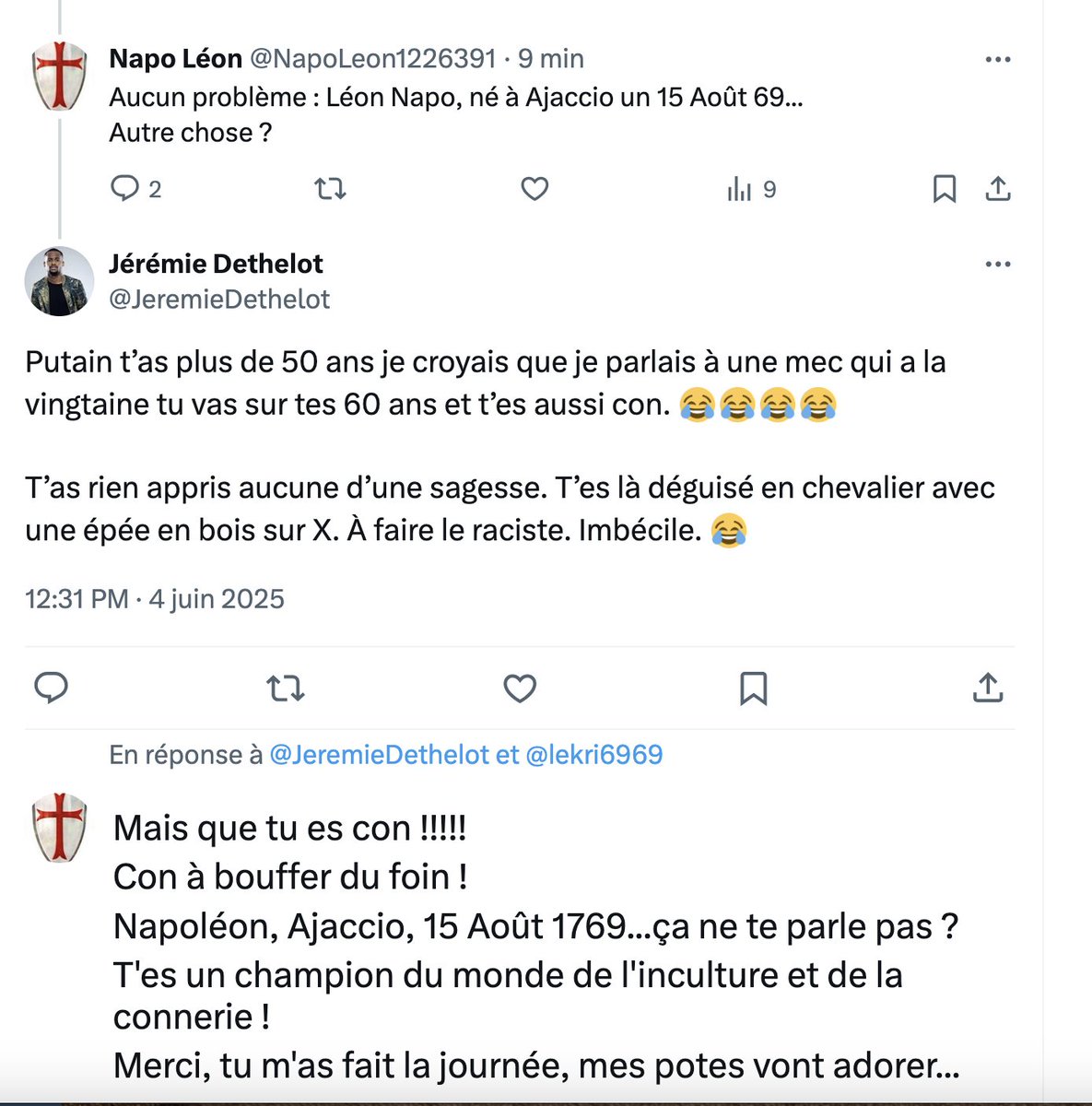 Je vous la fait courte.
Le mec s'appelle Jérémie Dethelot, pseudo-acteur et humouriste "français" de banlieue.
Le problème est qu'il se prend pour Coluche ou Desproges.
Lors d'un échange, il exige mon nom et prénom...
Vous me connaissez, je vous laisse apprécier la suite...