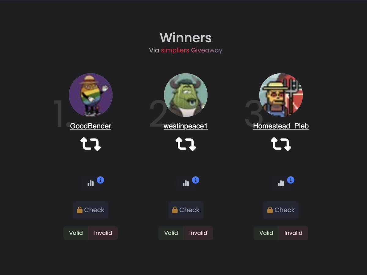 Crypto Matcha (@crypmatcha) on Twitter photo Hey fam. Thanks for being active!
Giveaway results here: smpl.rs/g/JOFERO
We have 3 winners:
<a href="/GoodBender/">Bender</a> - Pixel Pleb - now u are try pleb as we are all here..
<a href="/westinpeace1/">westinpeace 👀</a> - Stamp - now u are part of crew for sure!
<a href="/Homestead_Pleb/">Homestead the Pleb</a> - Pumpkin Paw - part of pixel Hey fam. Thanks for being active!
Giveaway results here: smpl.rs/g/JOFERO
We have 3 winners:
<a href="/GoodBender/">Bender</a> - Pixel Pleb - now u are try pleb as we are all here..
<a href="/westinpeace1/">westinpeace 👀</a> - Stamp - now u are part of crew for sure!
<a href="/Homestead_Pleb/">Homestead the Pleb</a> - Pumpkin Paw - part of pixel