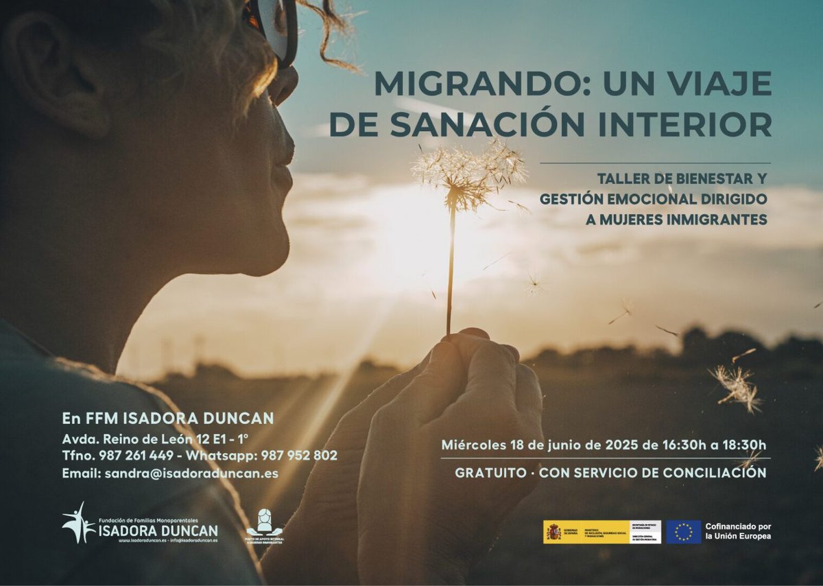 FFM Isadora Duncan (@isadoraduncan) on Twitter photo 🌎 Taller sobre bienestar y gestión emocional - 🫂“Migrando: un viaje de sanación interior” 
📆 18 de junio
🕛 16:30h a 18:30h
📍 León
👶🏽 Con servicio de conciliación
➕ Info: isadoraduncan.es/migrando-un-vi… 🌎 Taller sobre bienestar y gestión emocional - 🫂“Migrando: un viaje de sanación interior” 
📆 18 de junio
🕛 16:30h a 18:30h
📍 León
👶🏽 Con servicio de conciliación
➕ Info: isadoraduncan.es/migrando-un-vi…