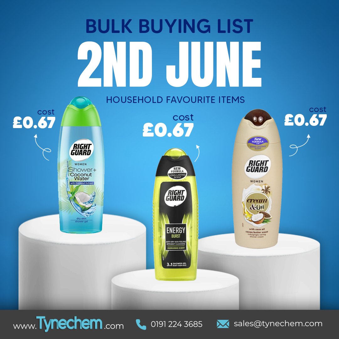 🛁 Tynechem’s 2nd June Bulk Buying List is out now!

Take a look at our Right Guard shower gel range below 👇
📥 Download the full list and get your orders in today:
👉 tynechem.com/wp-content/upl…

#Wholesale #PharmacySupplies #RightGuard #Tynechem