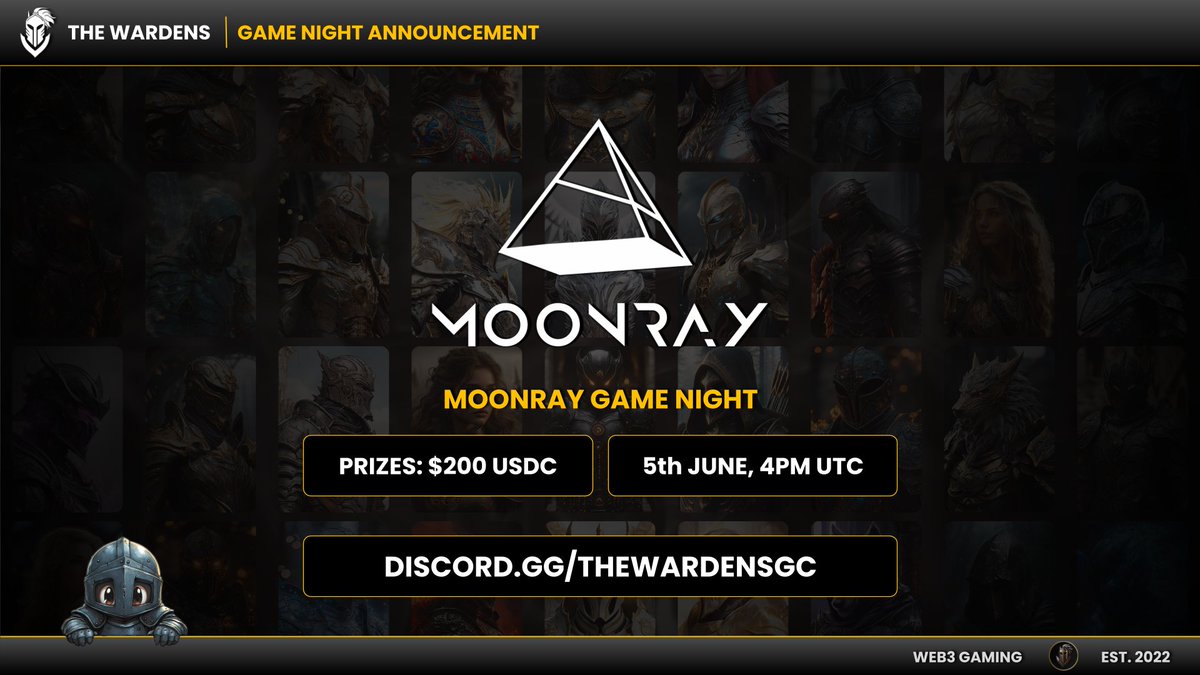 The Wardens (@thewardensgc) on Twitter photo New Game Night Announcement 🚨
Join us on Thursday for an epic PC/Mobile game night with <a href="/moonraygame/">Moonray.game</a>, a multiplayer battle arena game featuring intense melee combat
Details:
🗓️ 5th June, 4PM UTC
💰 $200 USDC (10 winners)
➡️ Wardens Discord New Game Night Announcement 🚨
Join us on Thursday for an epic PC/Mobile game night with <a href="/moonraygame/">Moonray.game</a>, a multiplayer battle arena game featuring intense melee combat
Details:
🗓️ 5th June, 4PM UTC
💰 $200 USDC (10 winners)
➡️ Wardens Discord