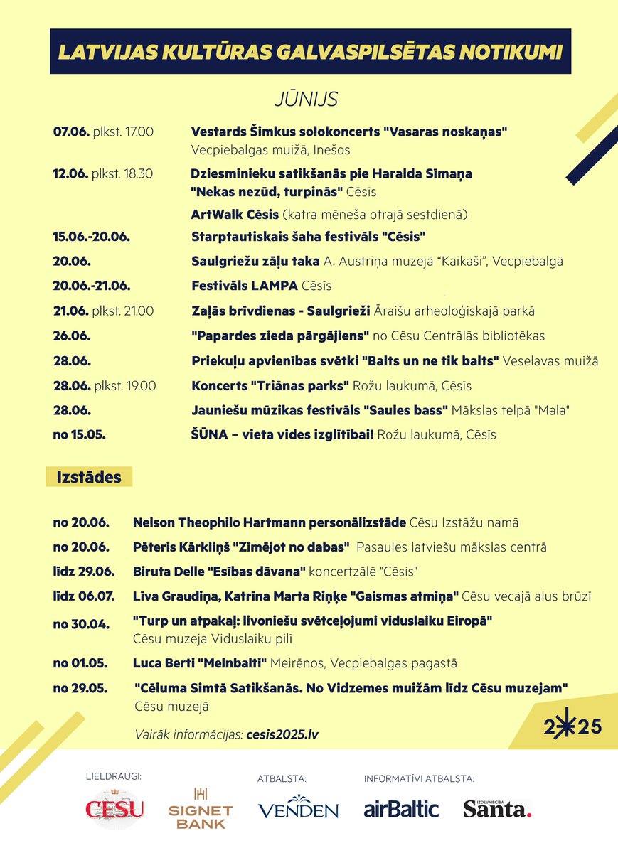 Lai saulains un kultūras piepildīts jūnijs! 🌞🕺

Cēsu novadā vasaras sezona sākas ar daudzveidīgiem Latvijas kultūras galvaspilsētas notikumiem – koncerti, izstādes, festivāli, svētki un radošas tikšanās visu mēnesi! 
cesis.lv/lv/novads/aktu…
