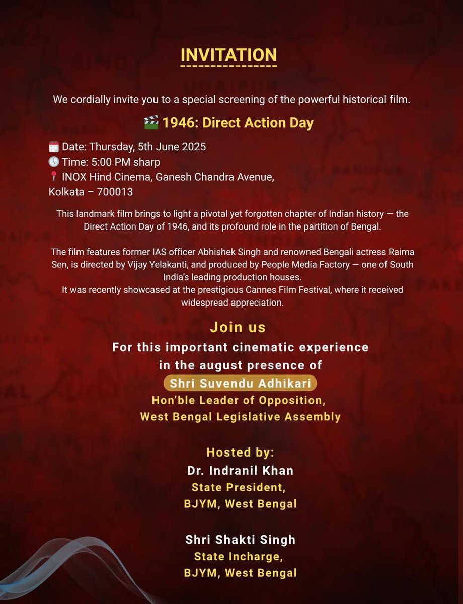 Kolkata, we’re bringing history to the big screen.

Join us for the special screening of 1946: Direct Action Day — a powerful film on a forgotten chapter of India’s partition.

🗓️ 5th June | 🕔 5 PM
📍 INOX Hind Cinema, GC Avenue

With the august presence of Shri Suvendu